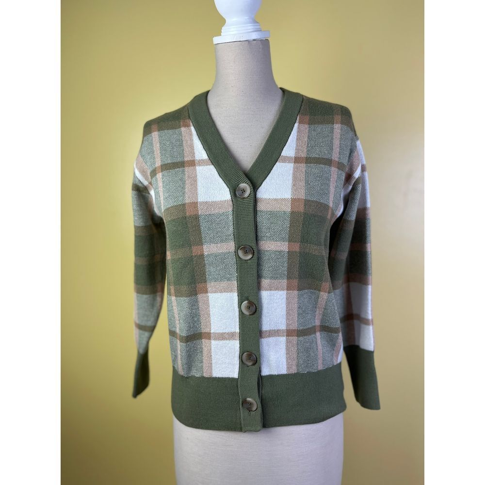 Rachel Zoe Plaid Button Front Cardigan Sage Green White Tan Classic Sweater‎ XS